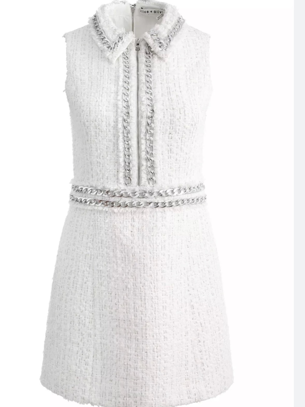 Alice + Olivia White Tweed Mini Dress with Silver Chain Trim